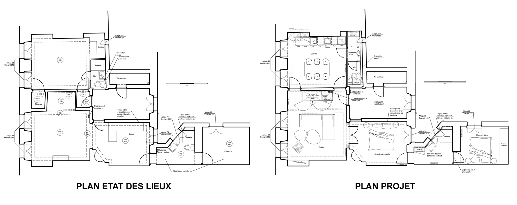 plan architecte intérieur avec le plan avant et le plan après d'un projet de rénovation intérieure globale pour relier deux appartements